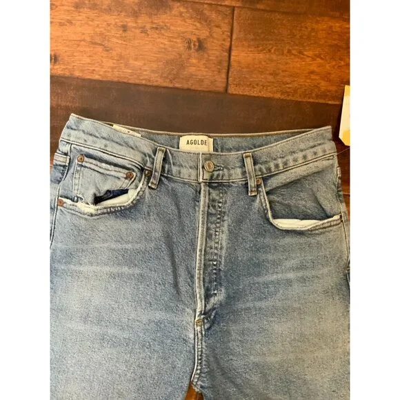 AGOLDE Light Wash Riley High Rise Straight Crop Distressed Blue Jeans, Size 29